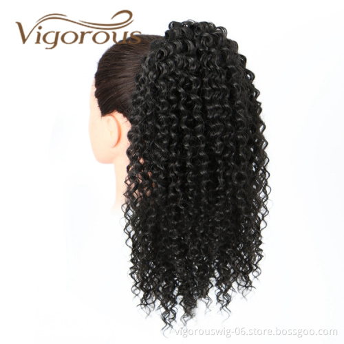 Vigorous High Quality Middle Long Kinky Curly Black Fluffy Heat Resistant Fiber Drawstring Synthetic Ponytail Hair Extension